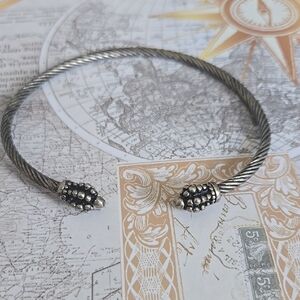 Twisted Silver Cable Open Cuff Bracelet with Beaded End Caps